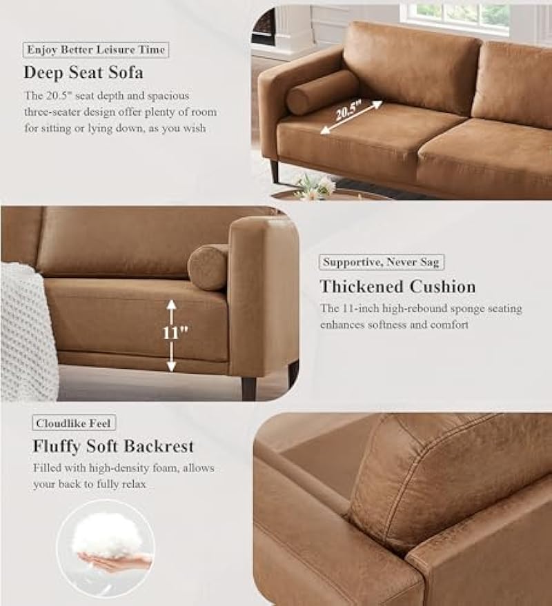 HIFIT Sofa Couches, 79” Mid-Century Modern Couch, Breathable Faux Leather Couch with Upholstered Cushions/Pillows, 3-Seat Sofas & Couches, for Living Room Apartment Office, Brown