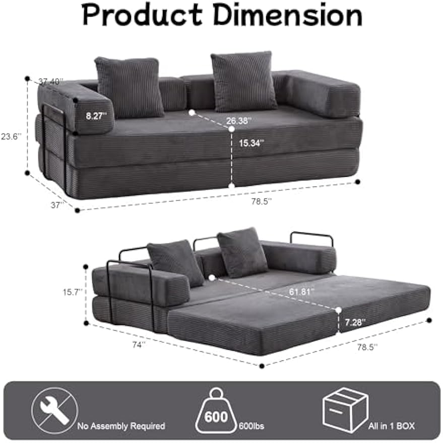 Convertible Floor Sofa Bed, Foldable Mattress Cloud Couch with Pillow Back & Armrest, Corduroy Sleeper Sofa Bed with Fixed-Shape Frame, Compressed Couch for Living Room Bedroom, Dark Gray