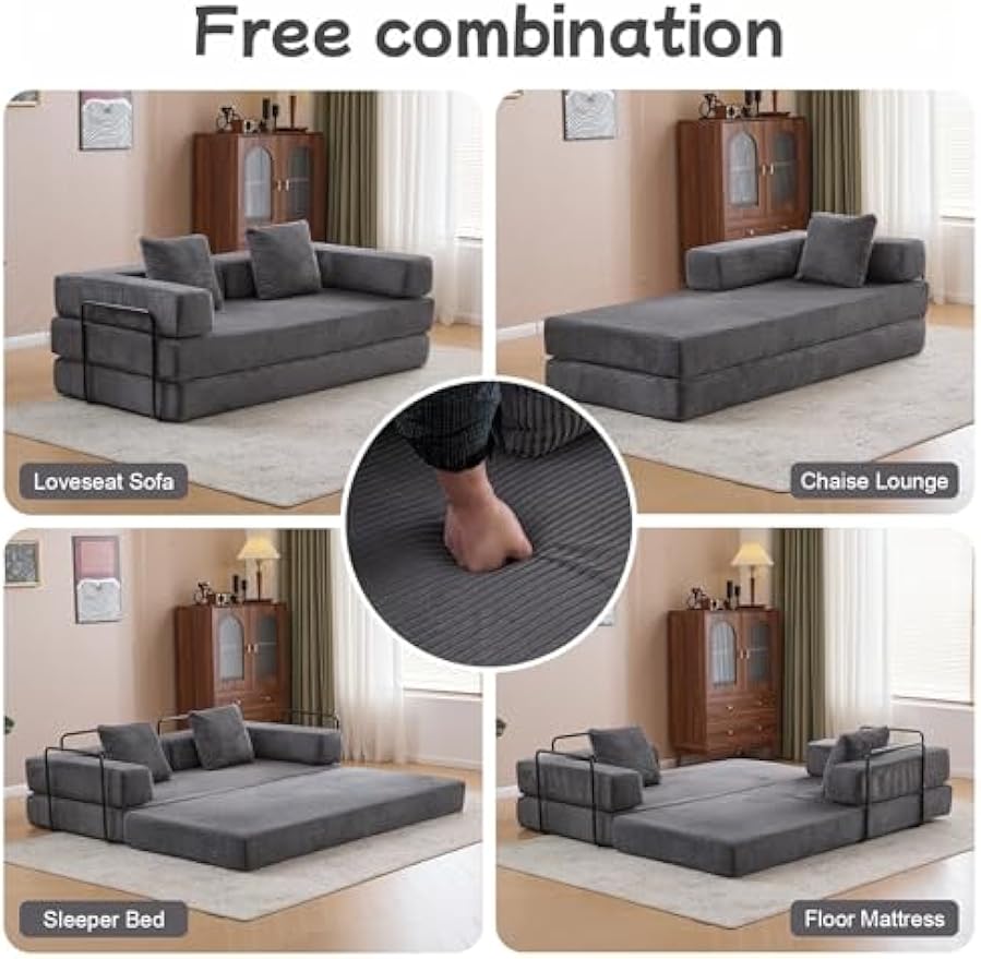 Convertible Floor Sofa Bed, Foldable Mattress Cloud Couch with Pillow Back & Armrest, Corduroy Sleeper Sofa Bed with Fixed-Shape Frame, Compressed Couch for Living Room Bedroom, Dark Gray