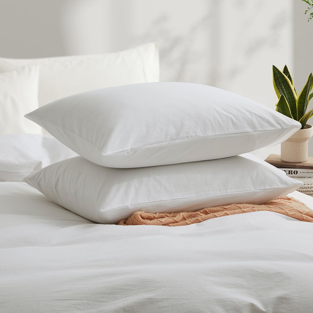 LOVQUE 100% Washed Cotton Duvet Cover Queen Size, White Linen Like Breathable Natural Bedding Set (No Comforter), 90x90 Inches
