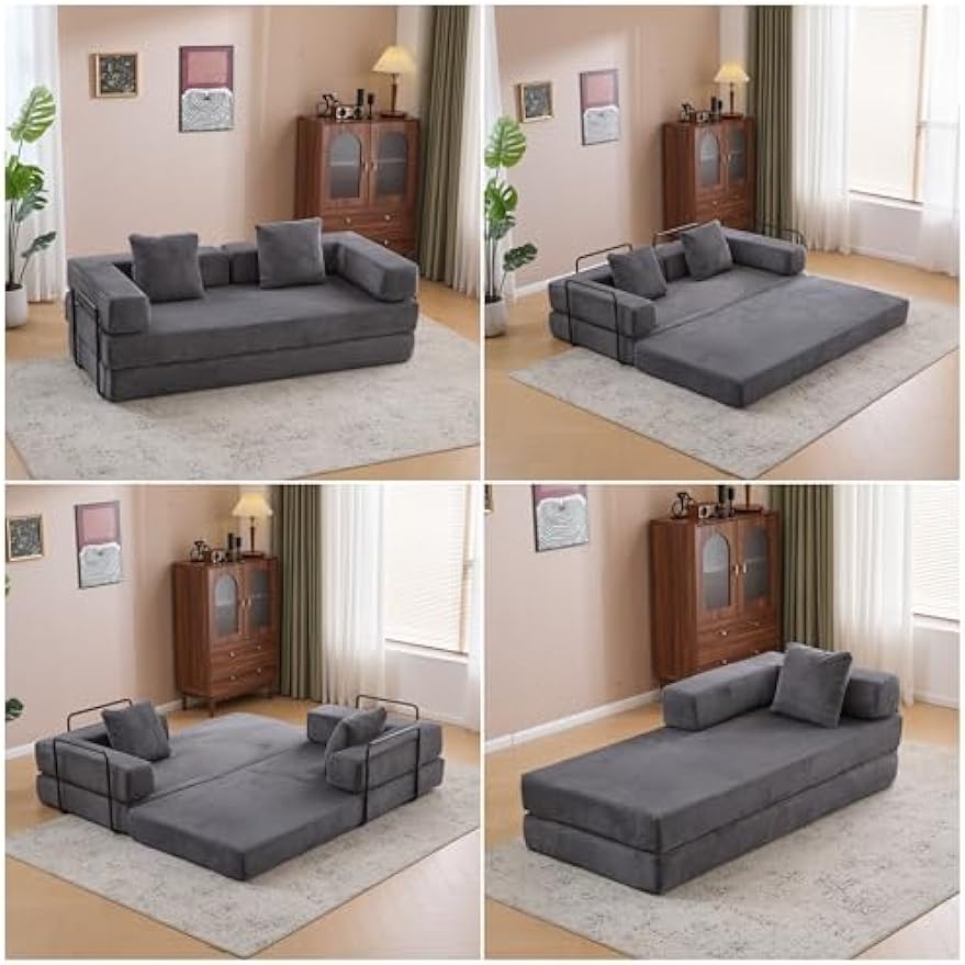 Convertible Floor Sofa Bed, Foldable Mattress Cloud Couch with Pillow Back & Armrest, Corduroy Sleeper Sofa Bed with Fixed-Shape Frame, Compressed Couch for Living Room Bedroom, Dark Gray