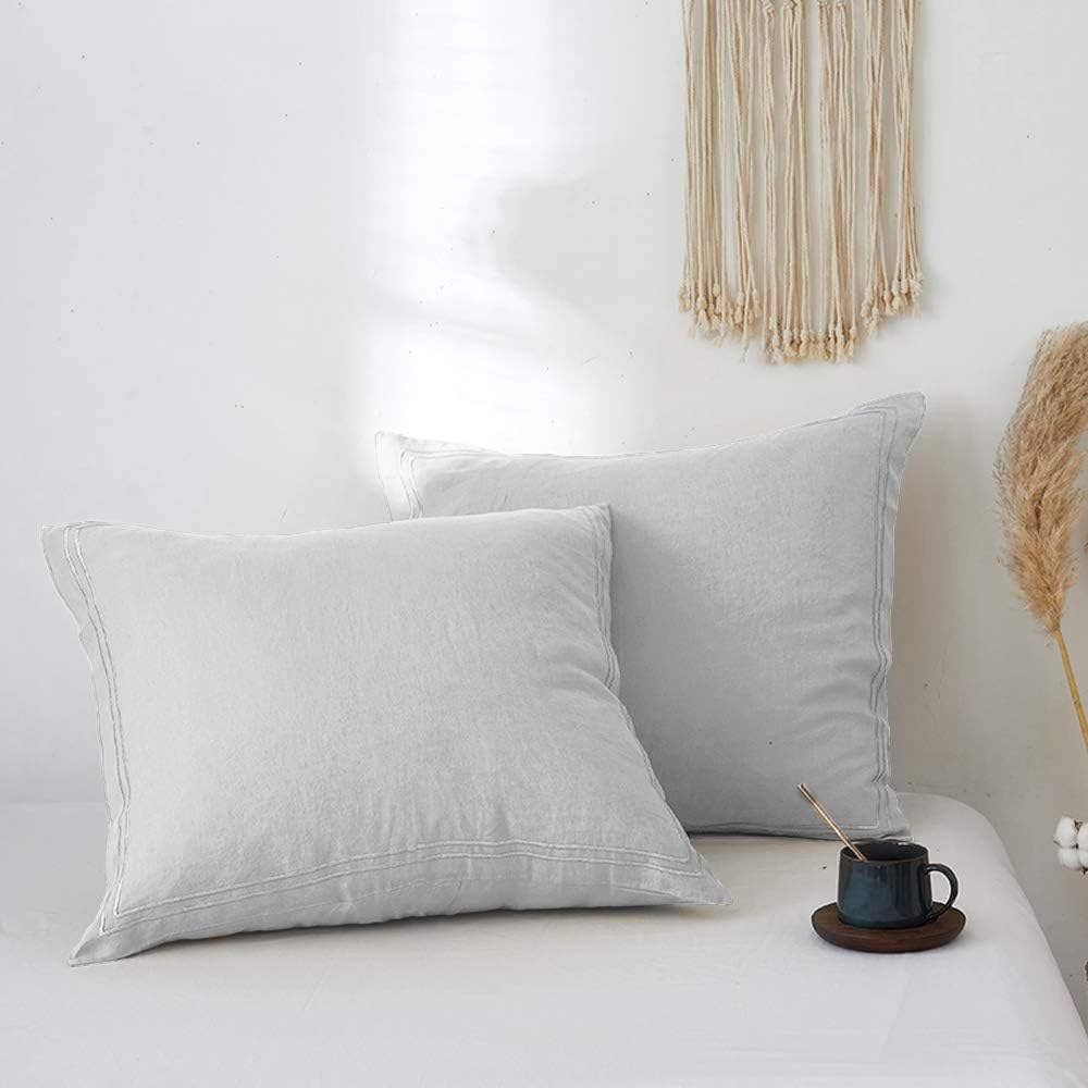 Simple&Opulence 100% Linen Duvet Cover Set with Embroidery Washed - 3 Pieces (1 Duvet Cover with 2 Pillow Shams) with Button Closure Soft Breathable Farmhouse - Linen, King Size
