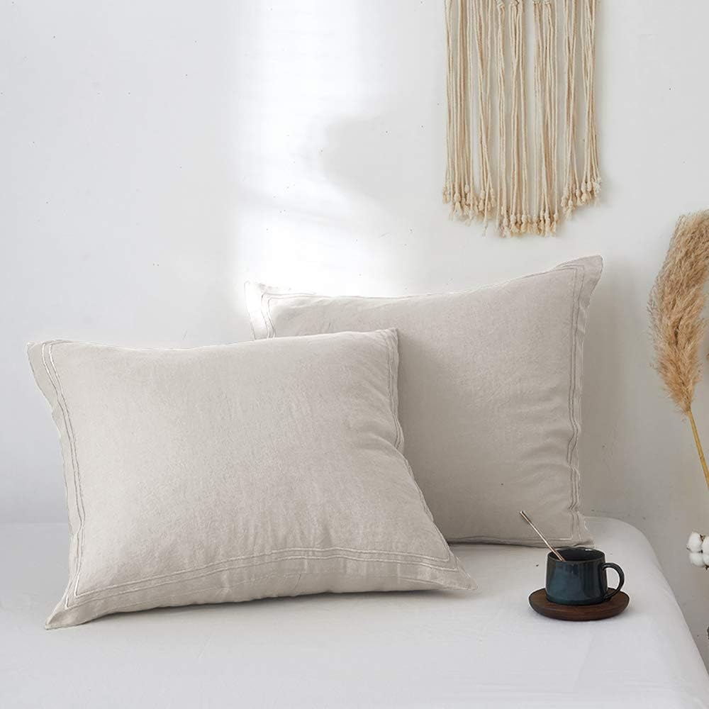 Simple&Opulence 100% Linen Duvet Cover Set with Embroidery Washed - 3 Pieces (1 Duvet Cover with 2 Pillow Shams) with Button Closure Soft Breathable Farmhouse - Linen, King Size