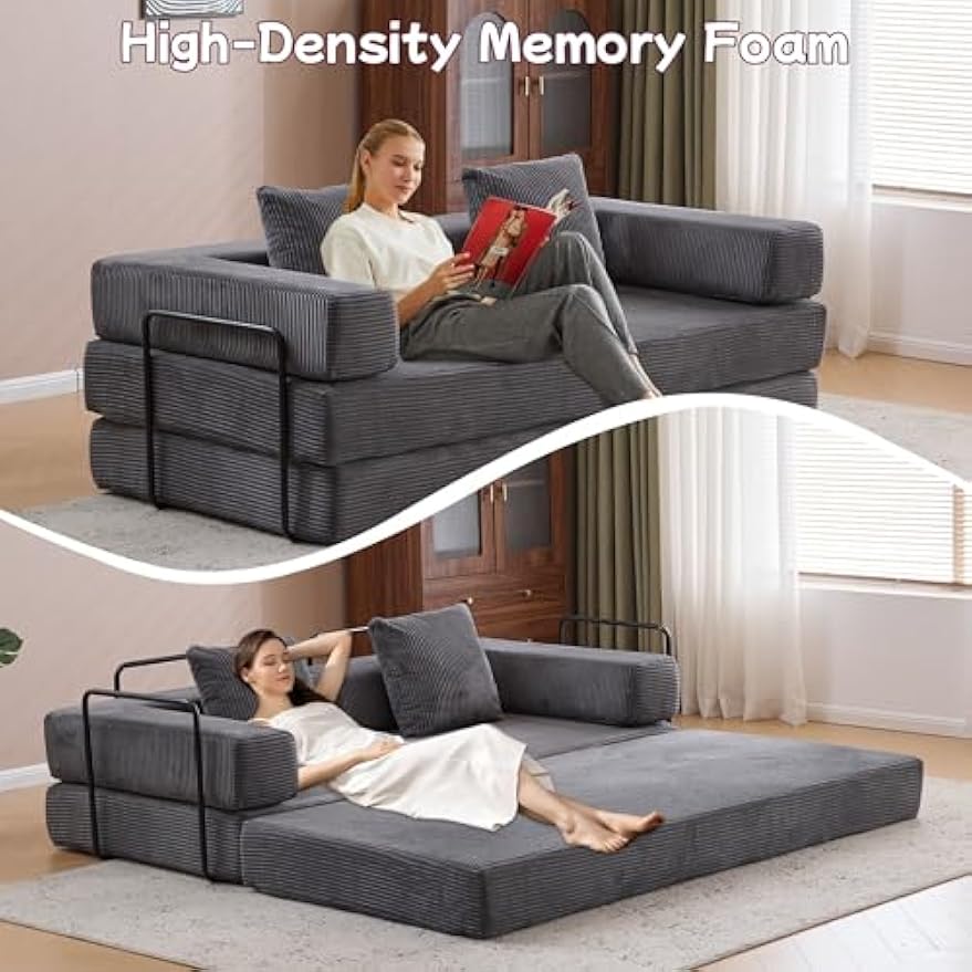 Convertible Floor Sofa Bed, Foldable Mattress Cloud Couch with Pillow Back & Armrest, Corduroy Sleeper Sofa Bed with Fixed-Shape Frame, Compressed Couch for Living Room Bedroom, Dark Gray