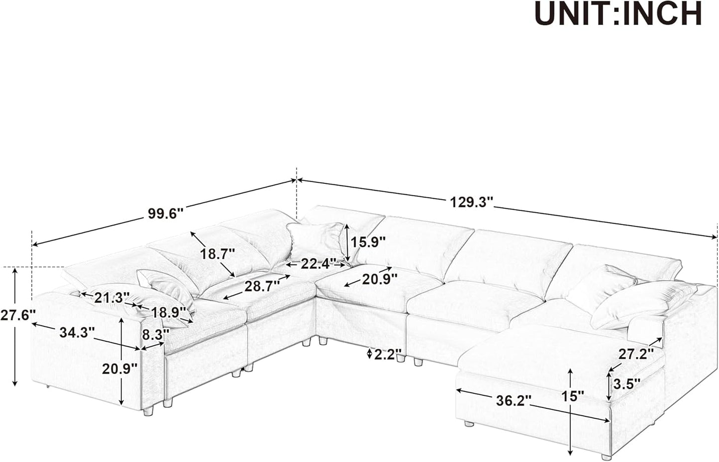 Oversized Modular Sectional Sofa Modern Cloud Couch with Movable Ottoman 7 Seater U/L Shaped Lounge Sofas Comfy Couches with Thicked Cushion Backrest for Living Room Spacious Space Office