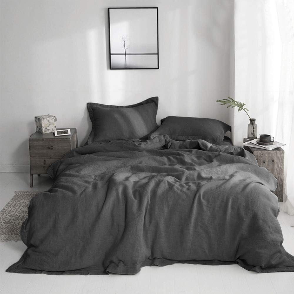Simple&Opulence 100% Linen Duvet Cover Set with Embroidery Washed - 3 Pieces (1 Duvet Cover with 2 Pillow Shams) with Button Closure Soft Breathable Farmhouse - Linen, King Size