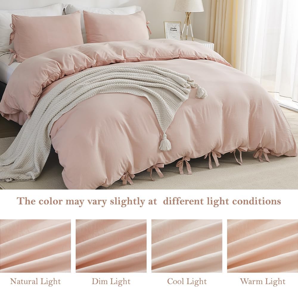 annadaif Pink Duvet Cover Queen (90x90 Inch), 3 Pieces (1 Duvet Cover, 2 Pillowcases) Soft Washed Microfiber Bowknot Bow Tie Duvet Cover Set, Easy Care Bedding Set for Men, Women