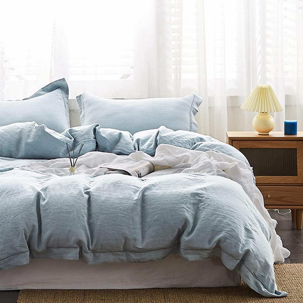 Simple&Opulence 100% Linen Duvet Cover Set with Embroidery Washed - 3 Pieces (1 Duvet Cover with 2 Pillow Shams) with Button Closure Soft Breathable Farmhouse - Linen, King Size
