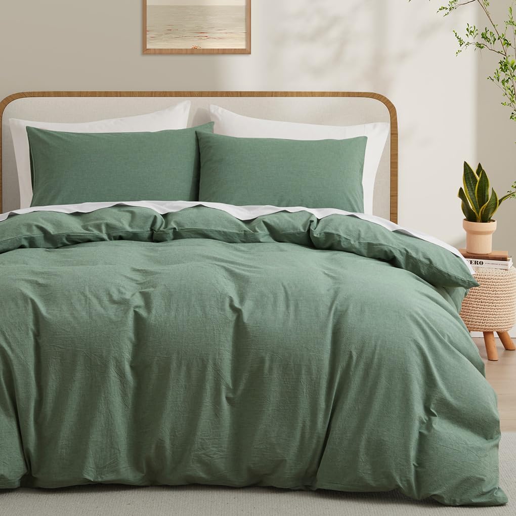 LOVQUE 100% Washed Cotton Duvet Cover Queen Size, White Linen Like Breathable Natural Bedding Set (No Comforter), 90x90 Inches