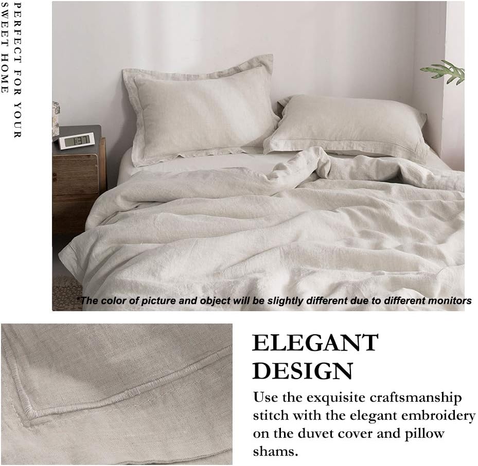 Simple&Opulence 100% Linen Duvet Cover Set with Embroidery Washed - 3 Pieces (1 Duvet Cover with 2 Pillow Shams) with Button Closure Soft Breathable Farmhouse - Linen, King Size
