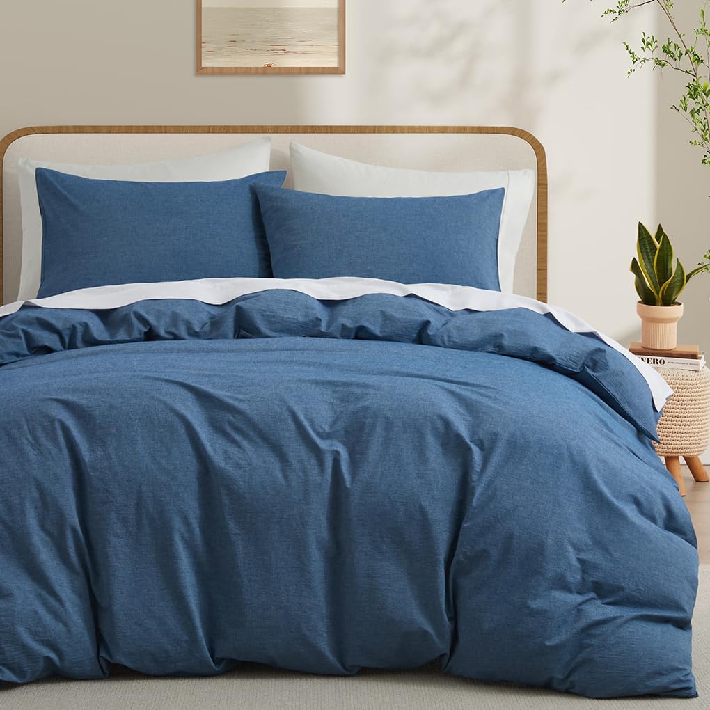 LOVQUE 100% Washed Cotton Duvet Cover Queen Size, White Linen Like Breathable Natural Bedding Set (No Comforter), 90x90 Inches