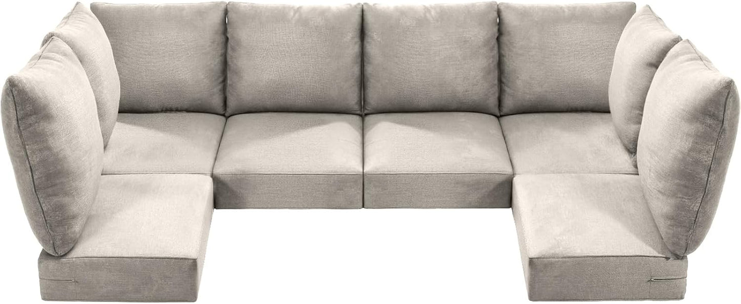 Luxury 24x24x6 Outdoor Cushions for 5-Seat Sectional Sofa Set of 5 - Water-Repellent 11-Piece Patio Cushion Set for Outside Rattan Wicker Loveseat Chair L-Shape Couch - Beige/Classic