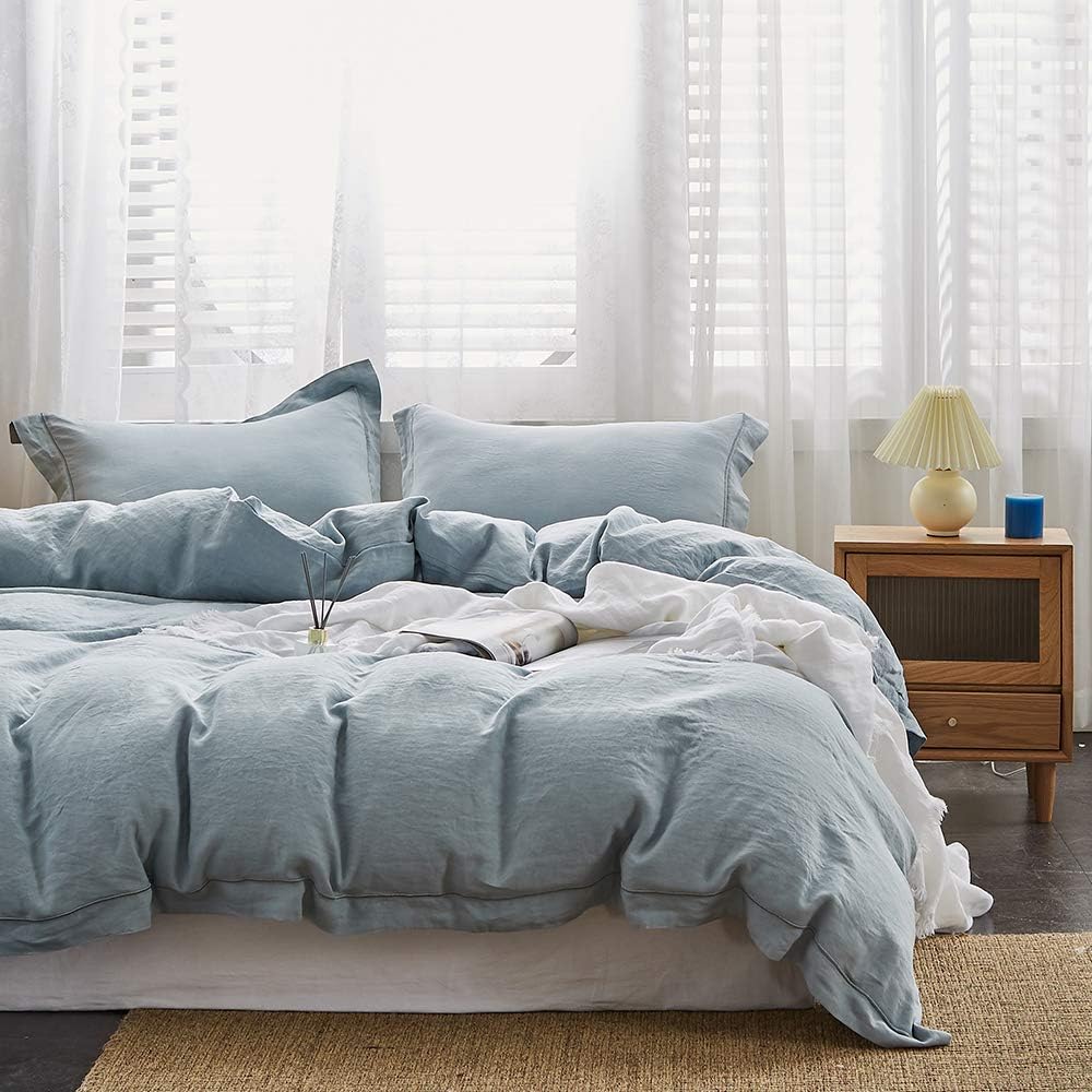 Simple&Opulence 100% Linen Duvet Cover Set with Embroidery Washed - 3 Pieces (1 Duvet Cover with 2 Pillow Shams) with Button Closure Soft Breathable Farmhouse - Linen, King Size