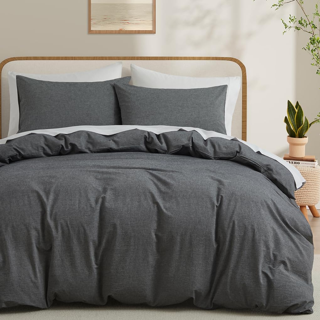LOVQUE 100% Washed Cotton Duvet Cover Queen Size, White Linen Like Breathable Natural Bedding Set (No Comforter), 90x90 Inches