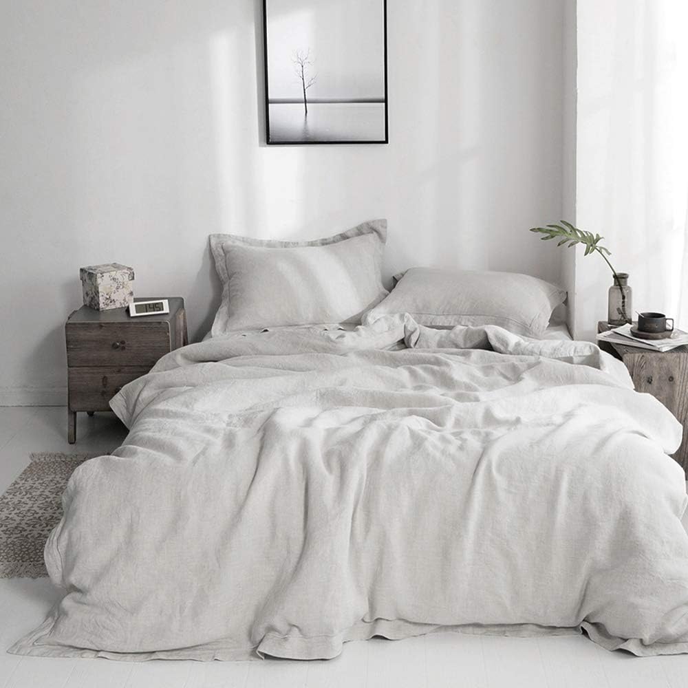 Simple&Opulence 100% Linen Duvet Cover Set with Embroidery Washed - 3 Pieces (1 Duvet Cover with 2 Pillow Shams) with Button Closure Soft Breathable Farmhouse - Linen, King Size