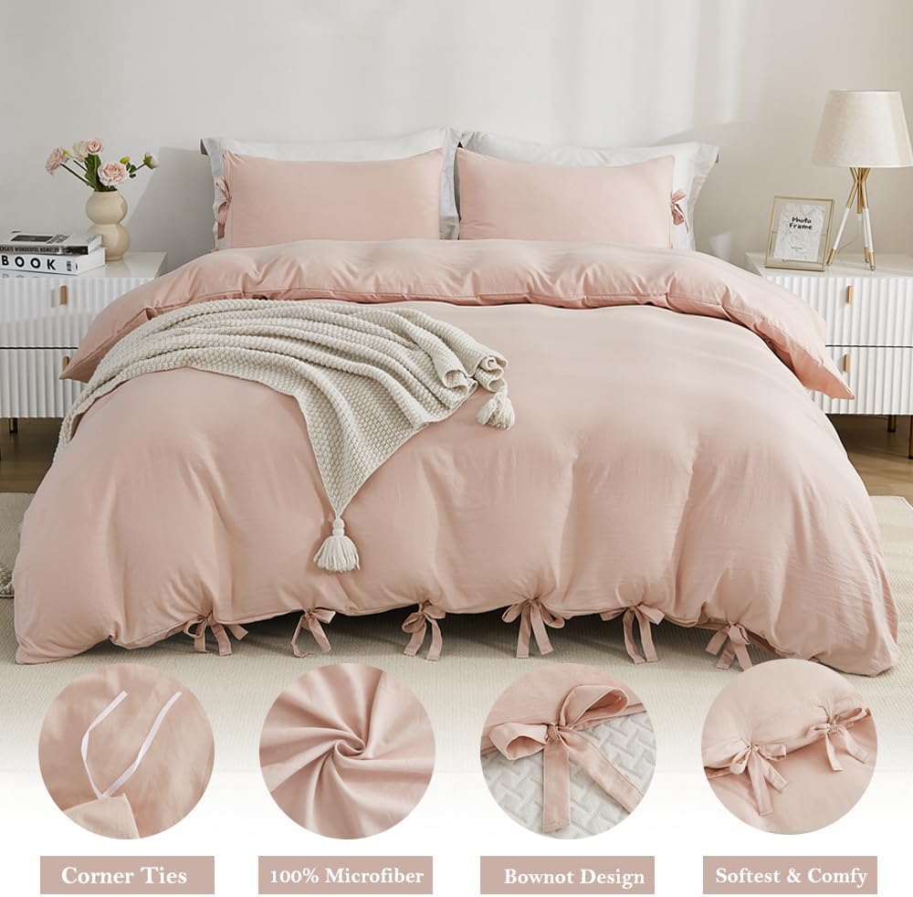 annadaif Pink Duvet Cover Queen (90x90 Inch), 3 Pieces (1 Duvet Cover, 2 Pillowcases) Soft Washed Microfiber Bowknot Bow Tie Duvet Cover Set, Easy Care Bedding Set for Men, Women