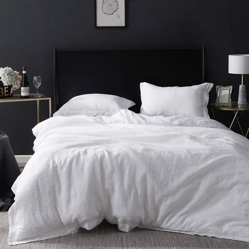 Simple&Opulence 100% Linen Duvet Cover Set with Embroidery Washed - 3 Pieces (1 Duvet Cover with 2 Pillow Shams) with Button Closure Soft Breathable Farmhouse - Linen, King Size