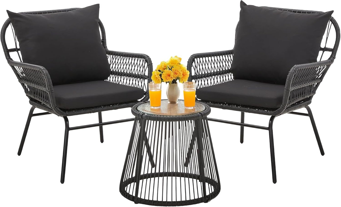 Bezseller 3-Piece Outdoor Patio Furniture Set, L-Shaped Rattan Sectional Sofa with Thick Cushions, Glass Coffee Table – All-Weather Conversation Set for Backyard, Porch, Poolside