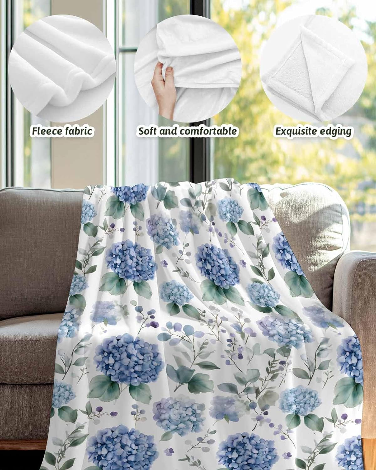 Fleece Throw Blanket, Hydrangea Blue Flowers Lightweight Warm Cozy Soft Flannel Blankets for Couch Bed Sofa Camping for All Seasons, Spring Floral Blossom Eucalyptus Leaves 40"x60"
