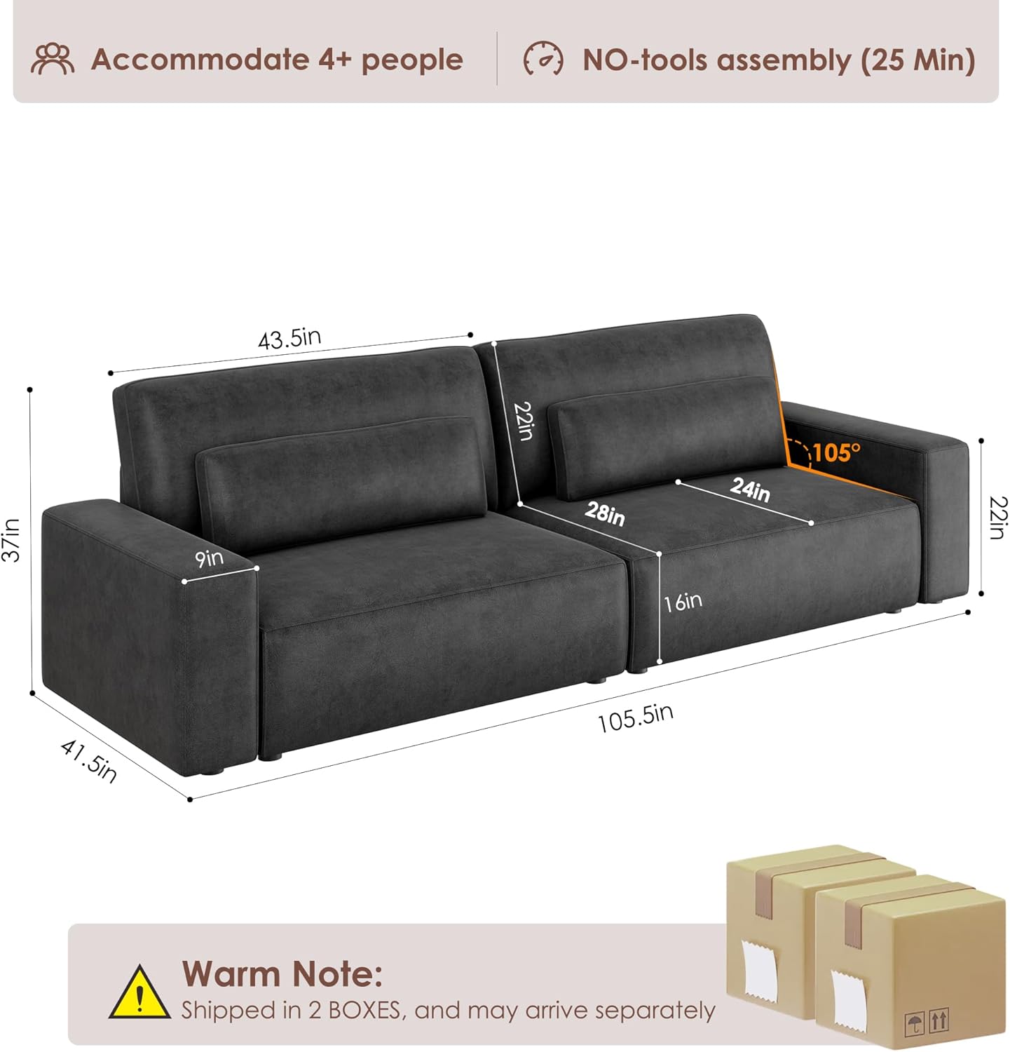 HIFIT 105" Black Faux Leather Sofa Couches for Living Room, Modern Comfy Couch with 28" Deep Seat & Fluffy Cushion, 4-Seater Home Sofa Living Room Furniture for Office with 2 Pillows, Solid Wood Frame