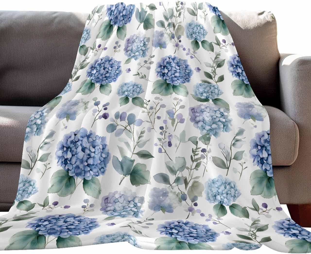 Fleece Throw Blanket, Hydrangea Blue Flowers Lightweight Warm Cozy Soft Flannel Blankets for Couch Bed Sofa Camping for All Seasons, Spring Floral Blossom Eucalyptus Leaves 40"x60"
