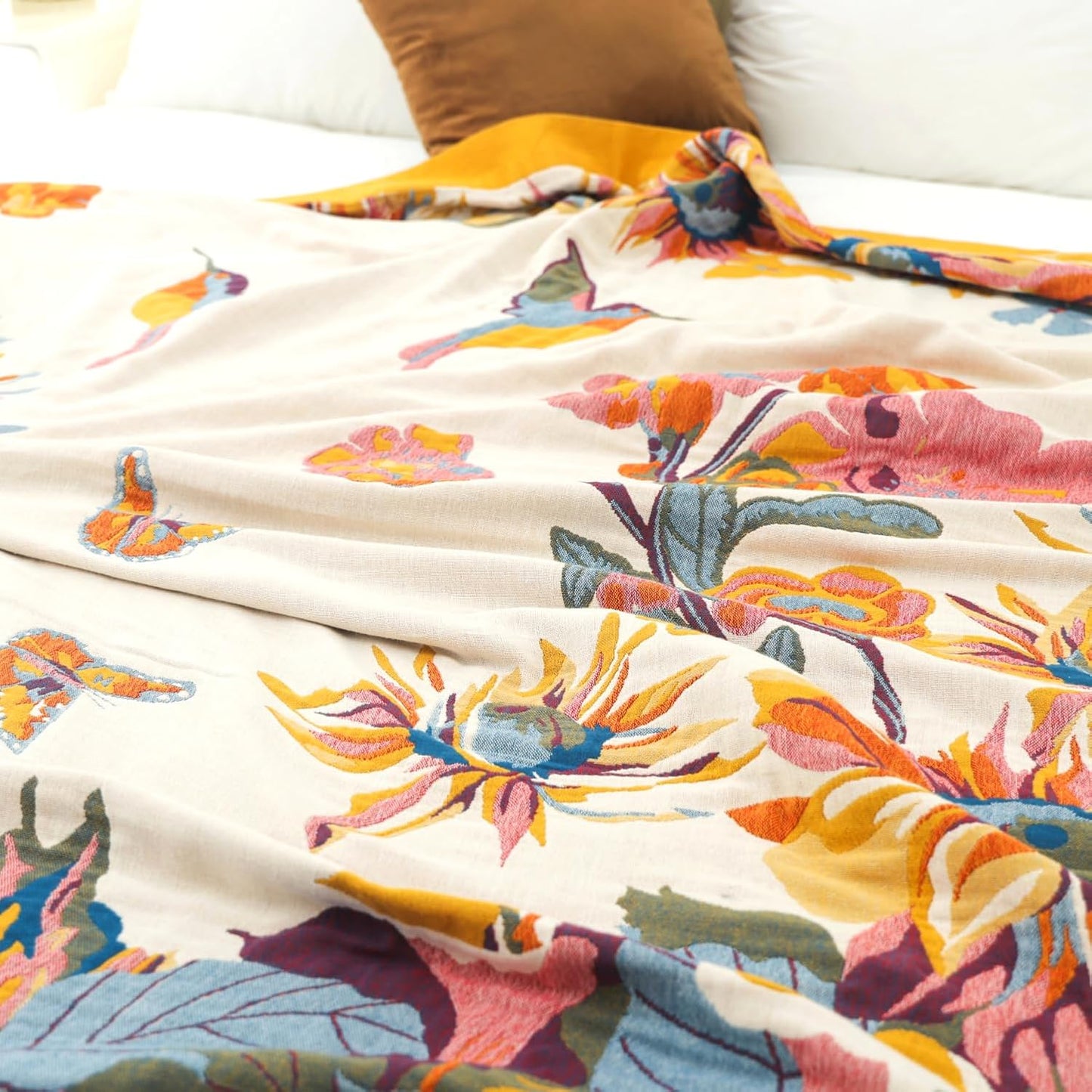 Boho Throw Blanket 60" x 80", 100% Organic Cotton Breathable Lightweight Ultra Soft Bed Quilt Throw - Summer Floral Butterfly Farmhouse Decor Blanket for Sofa Couch Chair and Gift.
