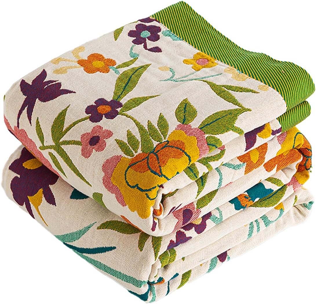 Boho Throw Blanket 60" x 80", 100% Organic Cotton Breathable Lightweight Ultra Soft Bed Quilt Throw - Summer Floral Butterfly Farmhouse Decor Blanket for Sofa Couch Chair and Gift.