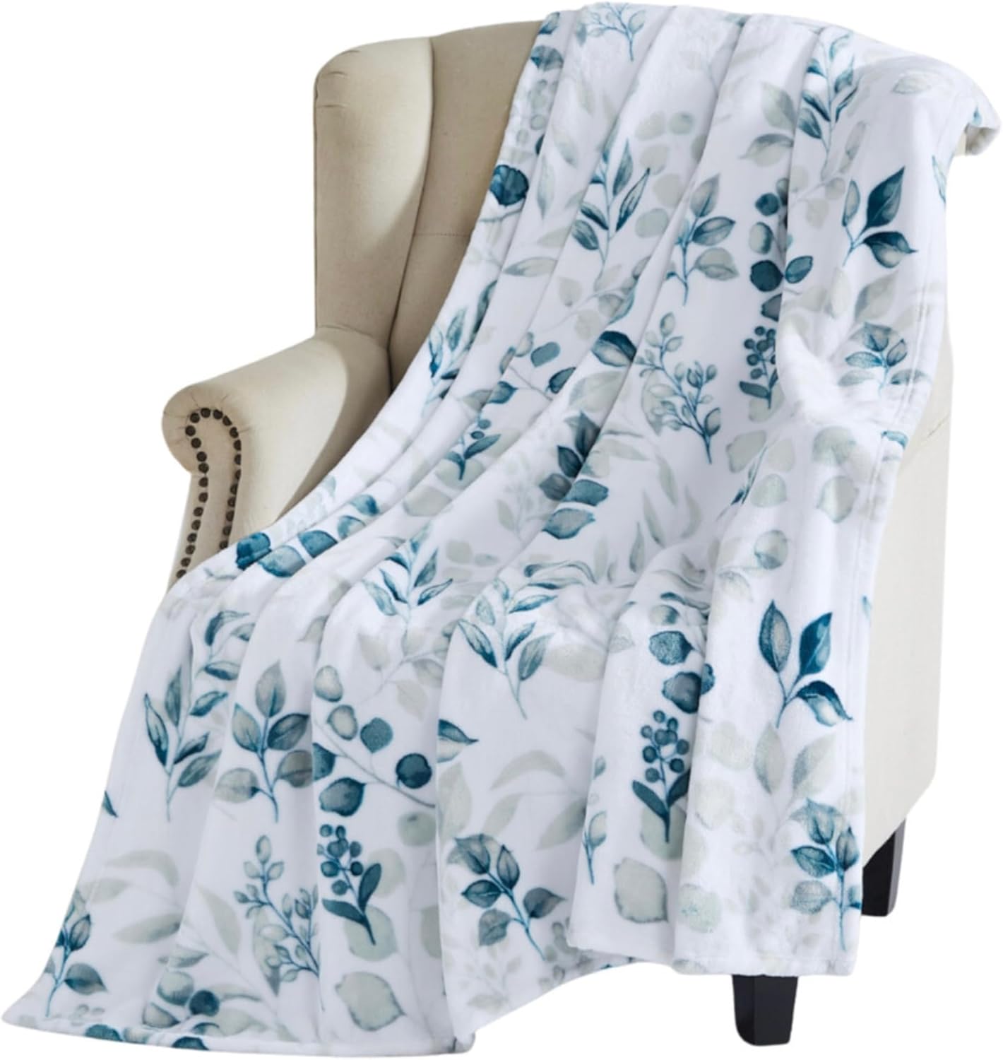 Decorative Floral Fleece Throw Blanket: Velvety Soft Plush Rose Flower Accent for Couch or Bed, Blush Pink Purple Navy Blue Grey on White, Oversized 50" x 70" Inches