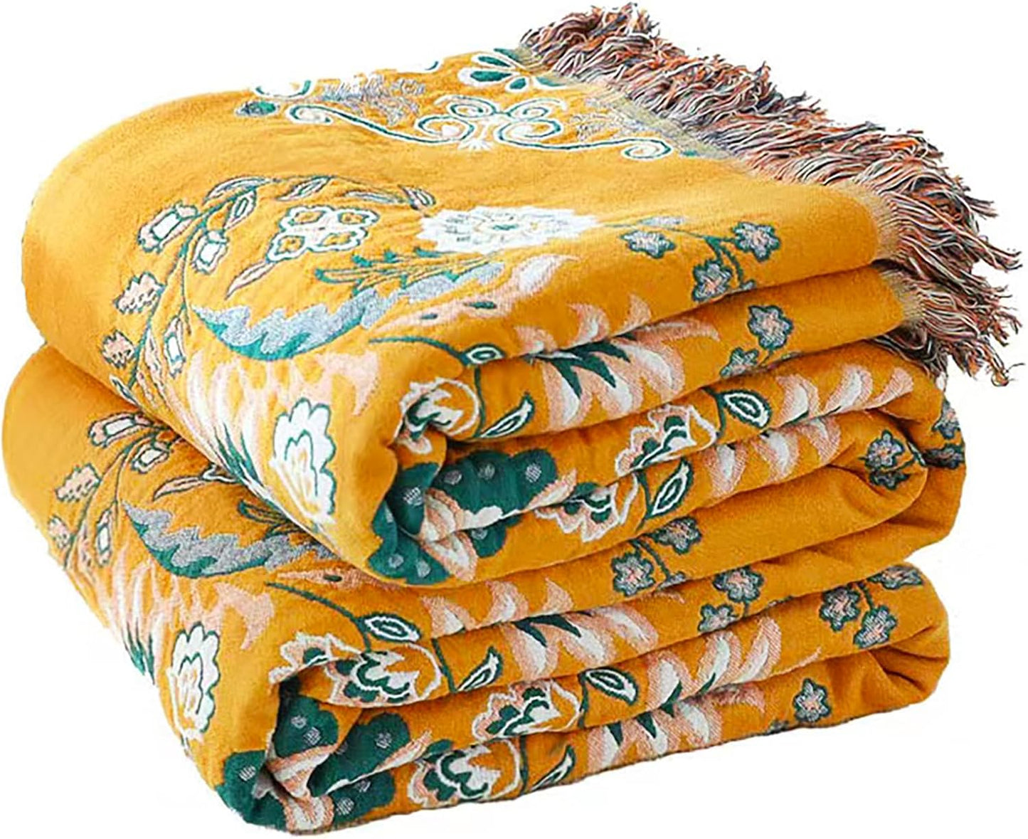 Boho Throw Blanket 60" x 80", 100% Organic Cotton Breathable Lightweight Ultra Soft Bed Quilt Throw - Summer Floral Butterfly Farmhouse Decor Blanket for Sofa Couch Chair and Gift.
