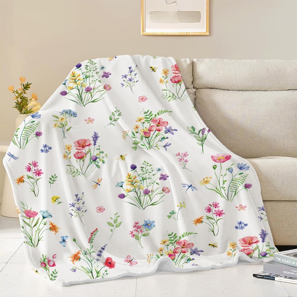 Colorful Wildflowers Throw Blanket Botanical Plant Bed Blanket Watercolor Floral Flower Blankets Soft Flannel Fleece Throw Blanket Boho Cozy Fluffy Plush Blankets 50" X 60"