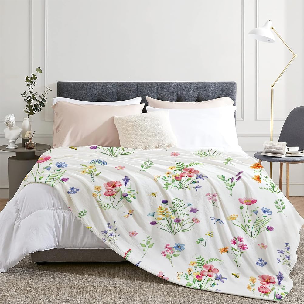 Colorful Wildflowers Throw Blanket Botanical Plant Bed Blanket Watercolor Floral Flower Blankets Soft Flannel Fleece Throw Blanket Boho Cozy Fluffy Plush Blankets 50" X 60"