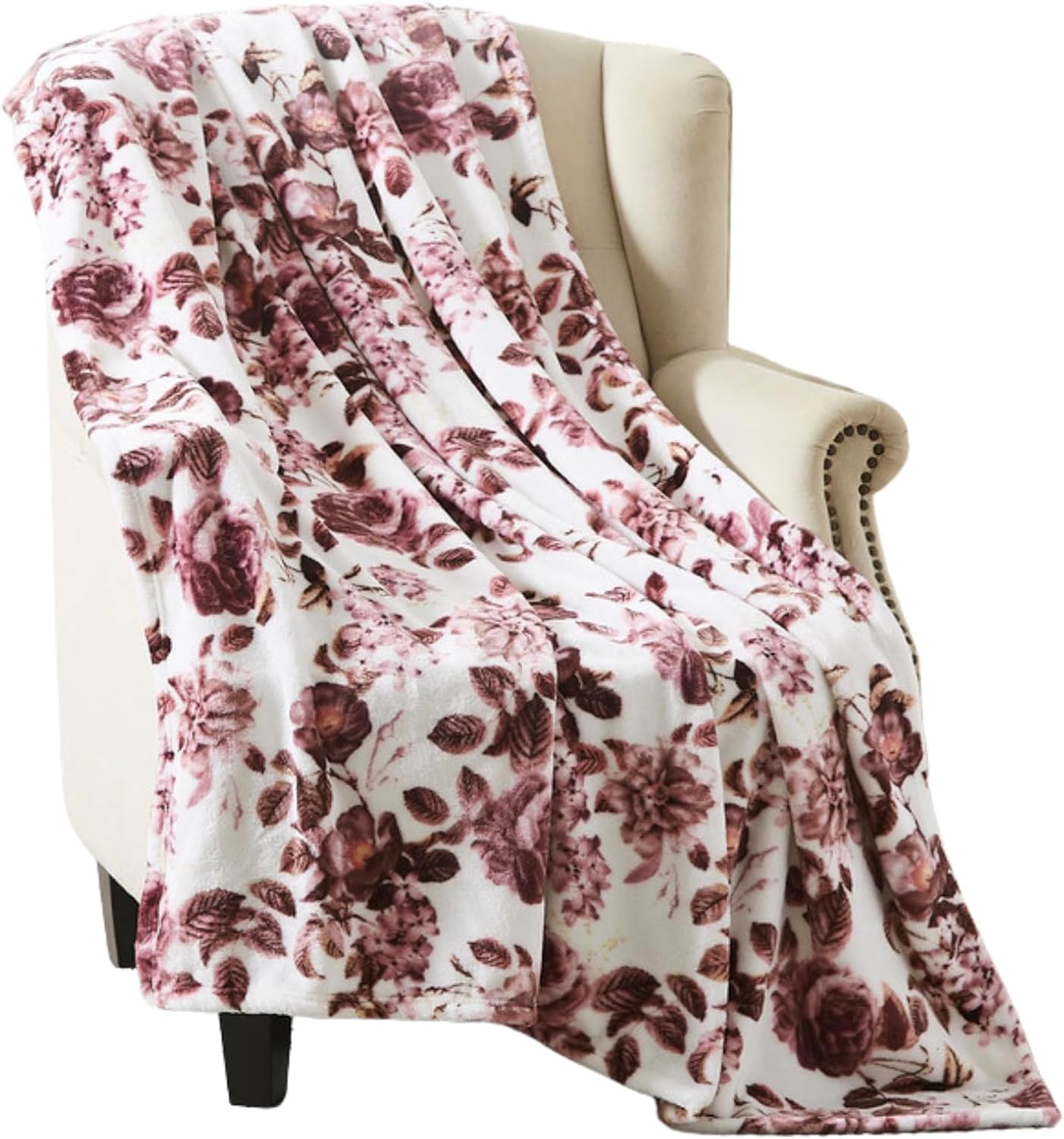 Decorative Floral Fleece Throw Blanket: Velvety Soft Plush Rose Flower Accent for Couch or Bed, Blush Pink Purple Navy Blue Grey on White, Oversized 50" x 70" Inches