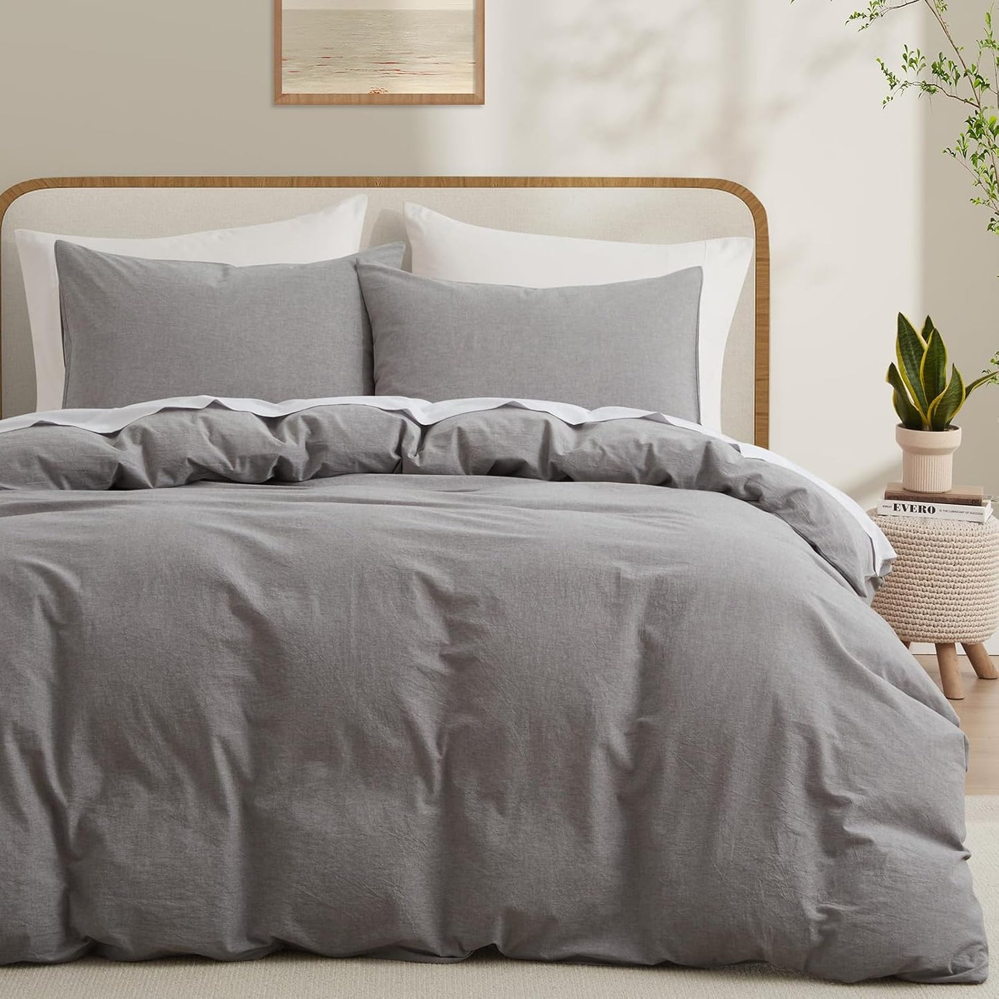 LOVQUE 100% Washed Cotton Duvet Cover Queen Size, White Linen Like Breathable Natural Bedding Set (No Comforter), 90x90 Inches