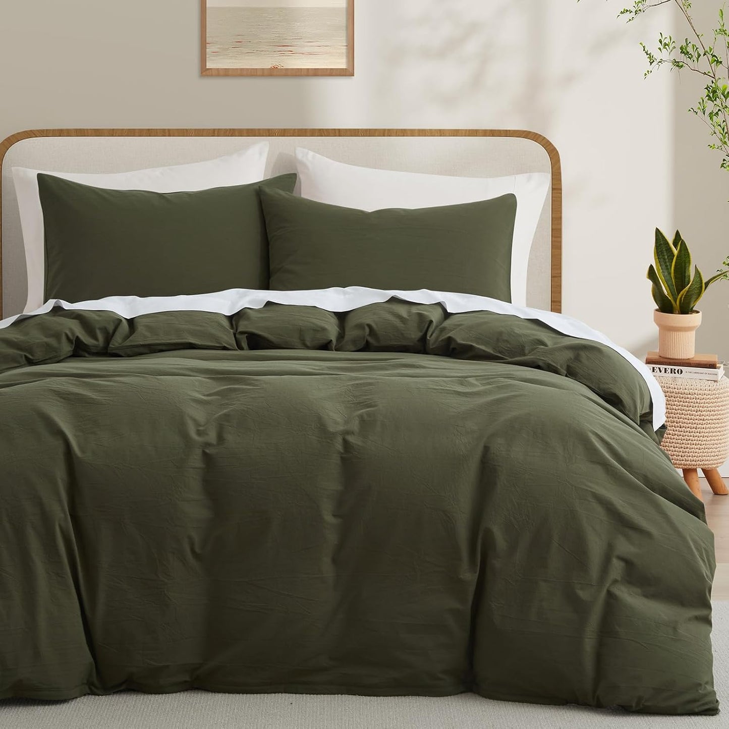 LOVQUE 100% Washed Cotton Duvet Cover Queen Size, White Linen Like Breathable Natural Bedding Set (No Comforter), 90x90 Inches