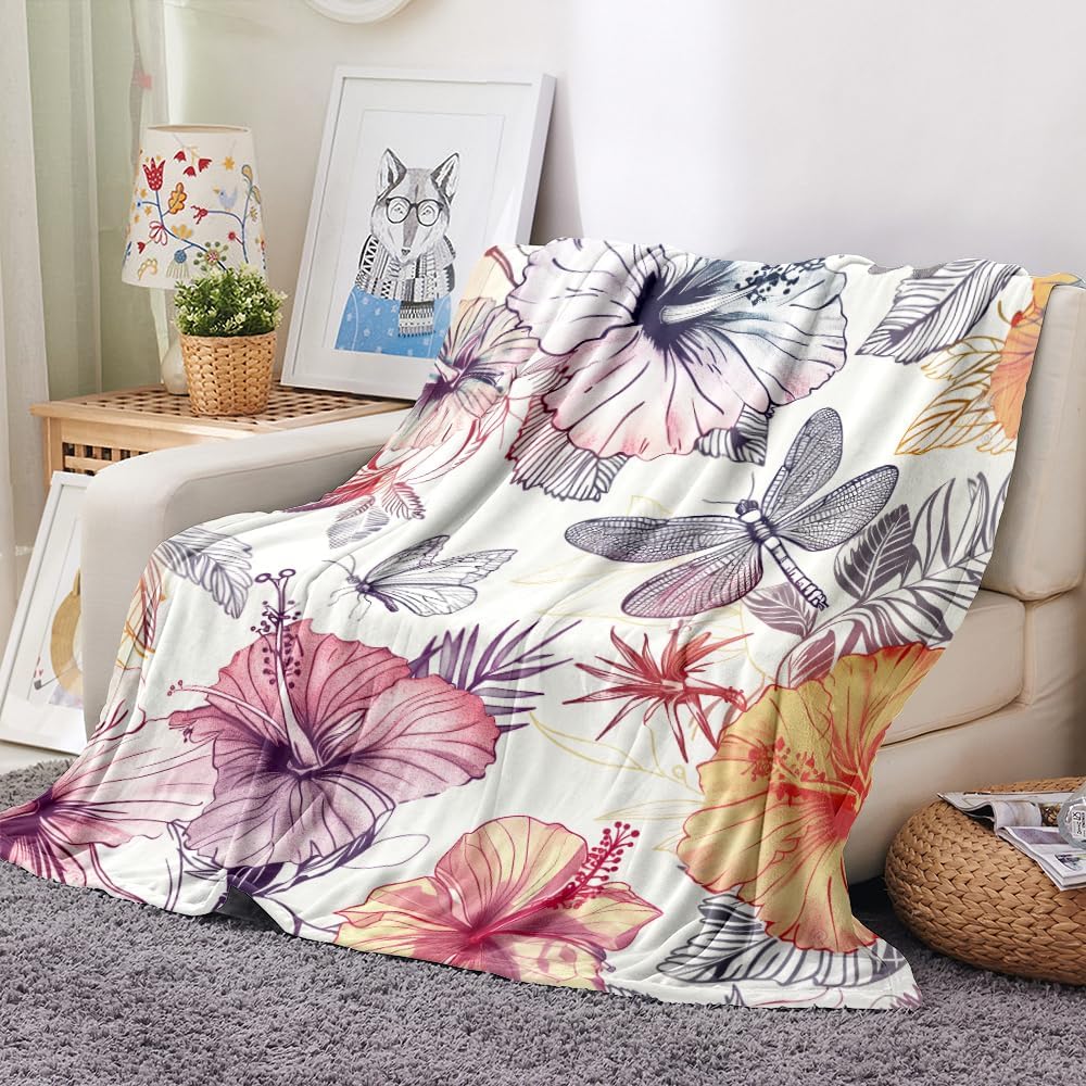 Colorful Wildflowers Throw Blanket Botanical Plant Bed Blanket Watercolor Floral Flower Blankets Soft Flannel Fleece Throw Blanket Boho Cozy Fluffy Plush Blankets 50" X 60"
