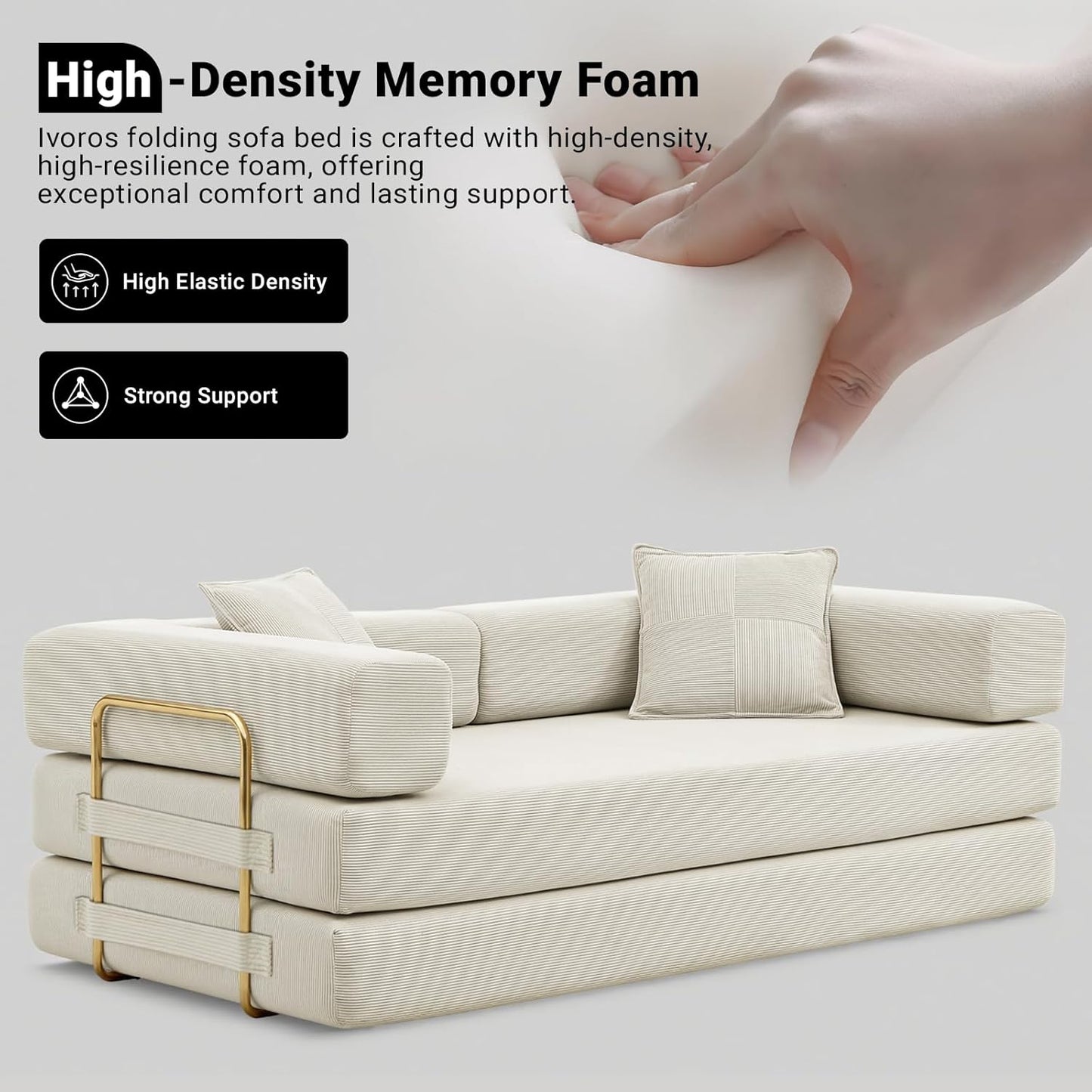 Convertible Sleeper Sofa Bed, Corduroy Folding Sofa Bed with Fixed-Shape Frame, Fold Out Floor Mattress Couch, Lazy Compression Sofa for Living Room, Bedroom, No Assembly Required, Beige