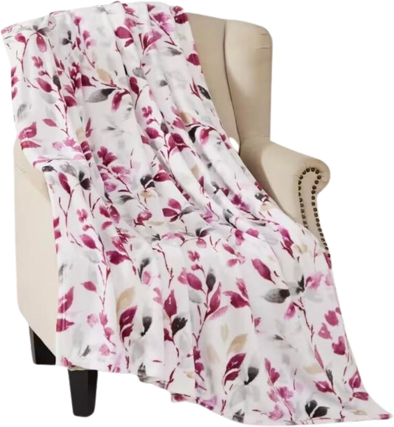 Decorative Floral Fleece Throw Blanket: Velvety Soft Plush Rose Flower Accent for Couch or Bed, Blush Pink Purple Navy Blue Grey on White, Oversized 50" x 70" Inches