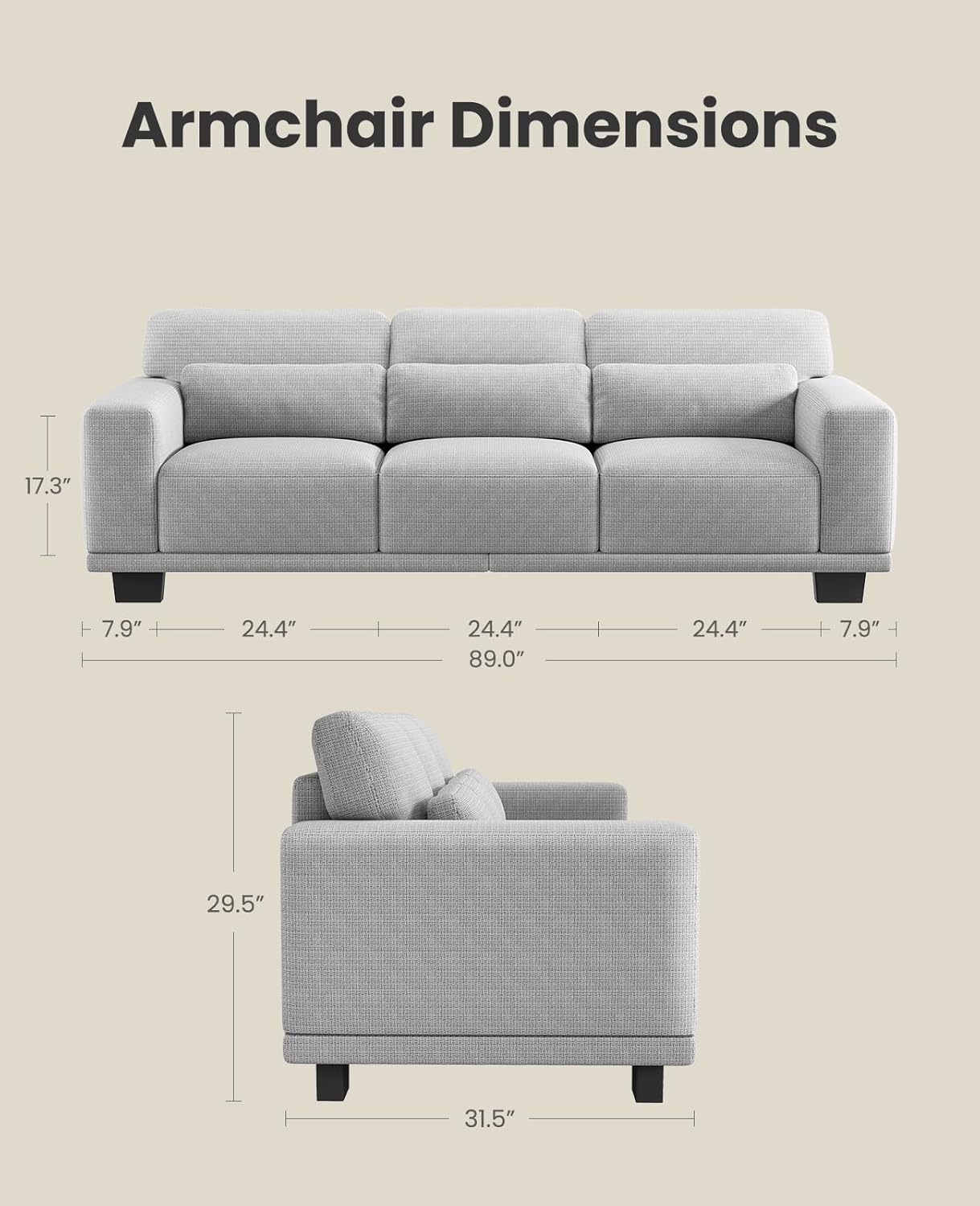 Amada 89" Sofa,3 Seater Sofa Couch for Living Room,Modern Couch with Deep Seats &Wide Armrests,Comfy Sofa with Supportive Futon &Thickened Cushion,Removable & Washable Covers,Grey