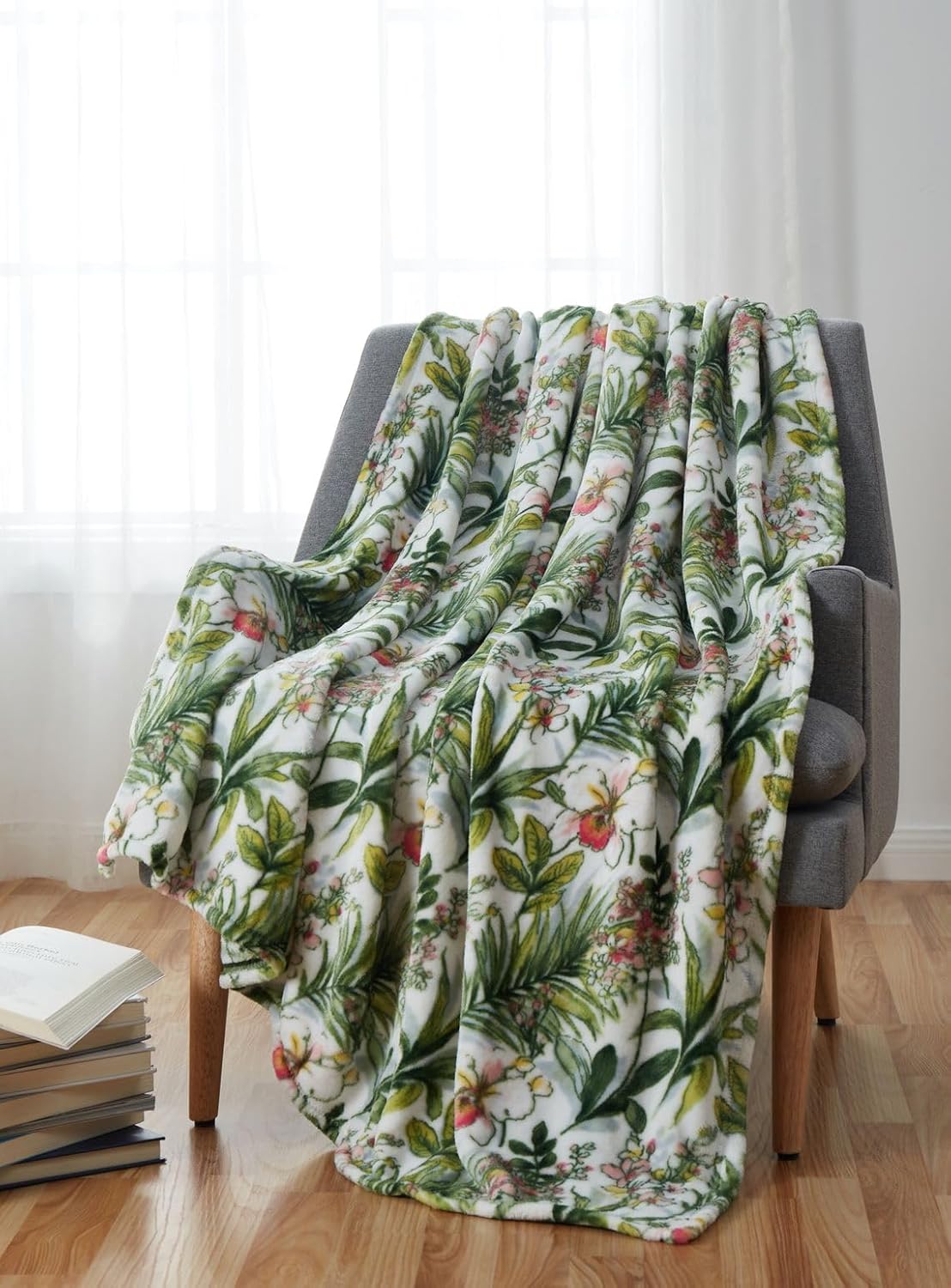 Decorative Floral Fleece Throw Blanket: Velvety Soft Plush Rose Flower Accent for Couch or Bed, Blush Pink Purple Navy Blue Grey on White, Oversized 50" x 70" Inches