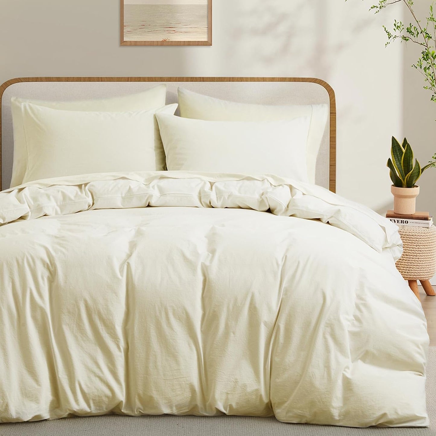 LOVQUE 100% Washed Cotton Duvet Cover Queen Size, White Linen Like Breathable Natural Bedding Set (No Comforter), 90x90 Inches
