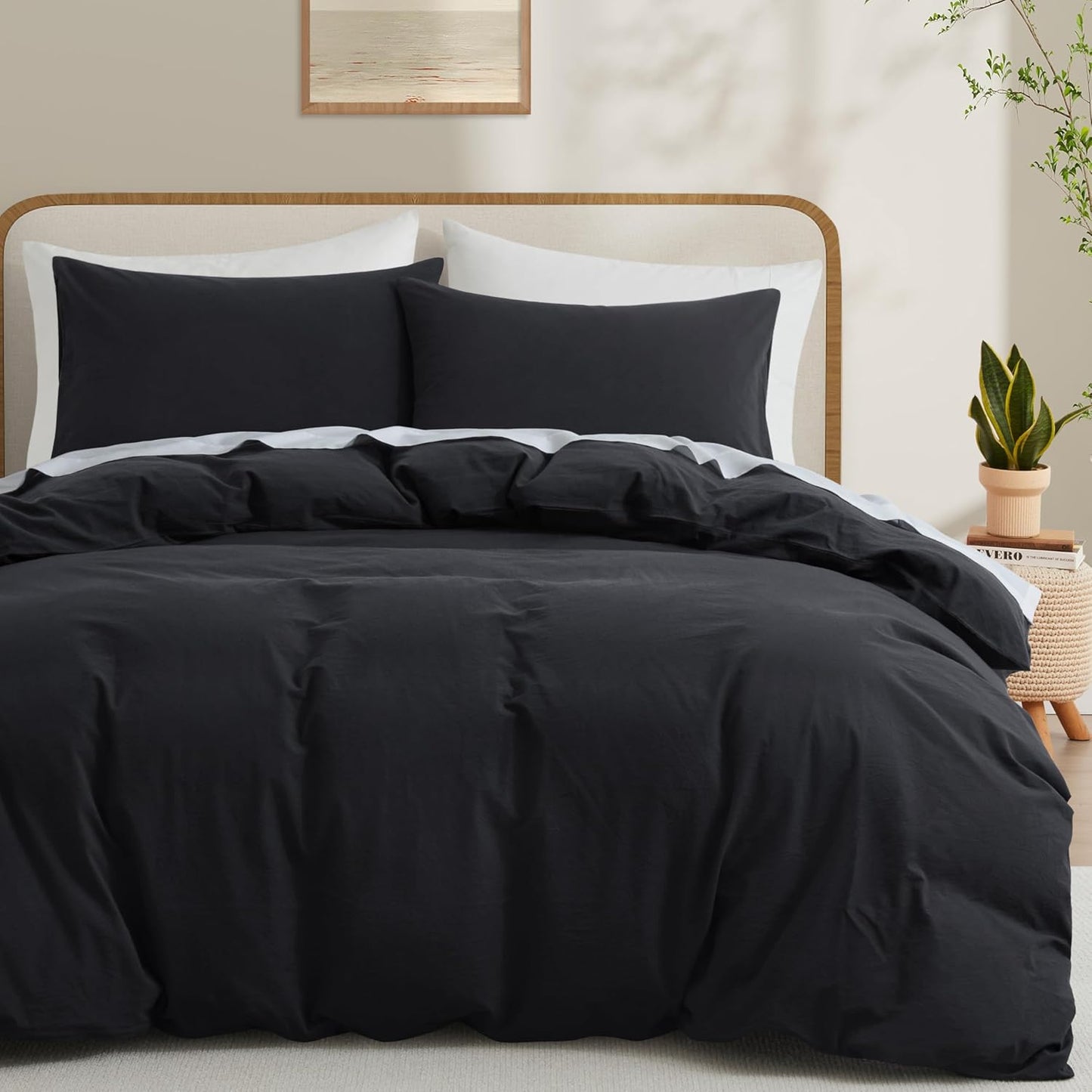 LOVQUE 100% Washed Cotton Duvet Cover Queen Size, White Linen Like Breathable Natural Bedding Set (No Comforter), 90x90 Inches