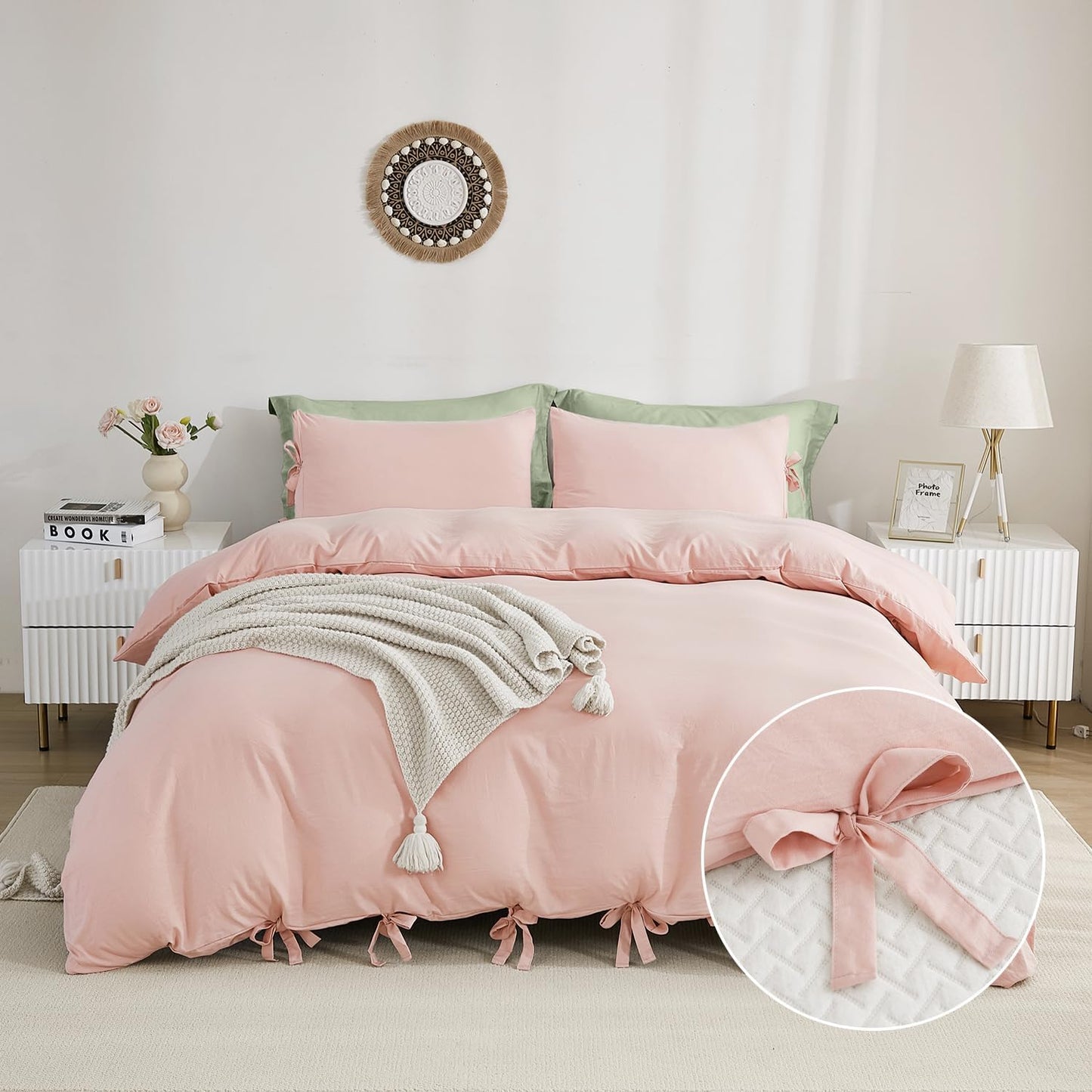 annadaif Pink Duvet Cover Queen (90x90 Inch), 3 Pieces (1 Duvet Cover, 2 Pillowcases) Soft Washed Microfiber Bowknot Bow Tie Duvet Cover Set, Easy Care Bedding Set for Men, Women
