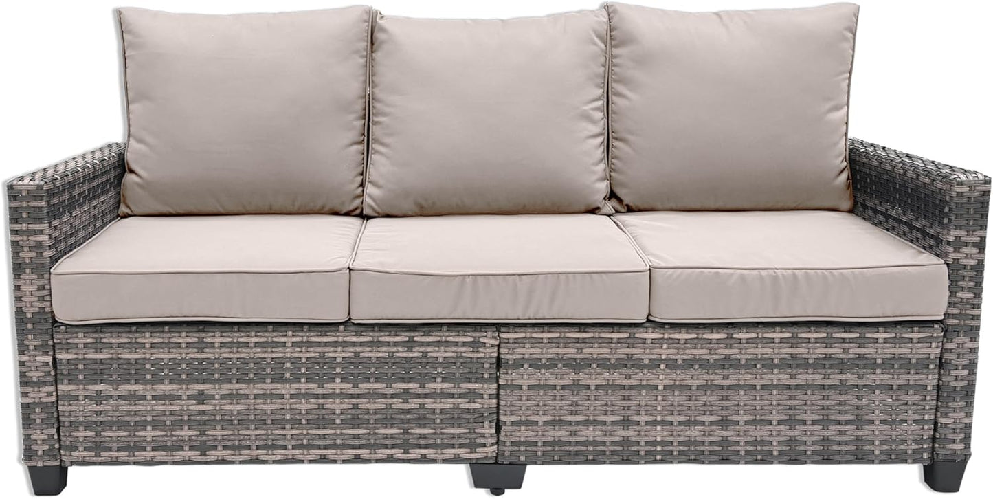 All Weather Patio Sofa, 3 Seat Outdoor Couch with High Back and Thick Cushions,Outdoor Sofa Furniture with Premium Wicker for Garden, Backyard, Porch,Beige