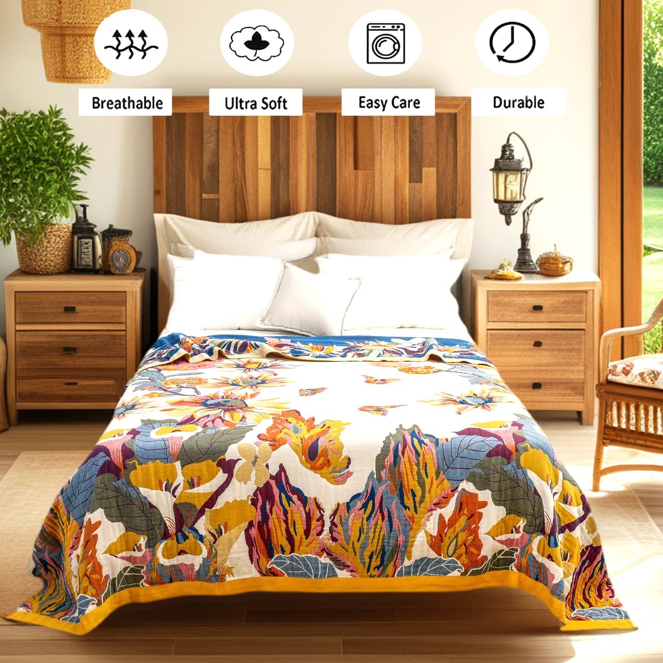 Boho Throw Blanket 60" x 80", 100% Organic Cotton Breathable Lightweight Ultra Soft Bed Quilt Throw - Summer Floral Butterfly Farmhouse Decor Blanket for Sofa Couch Chair and Gift.
