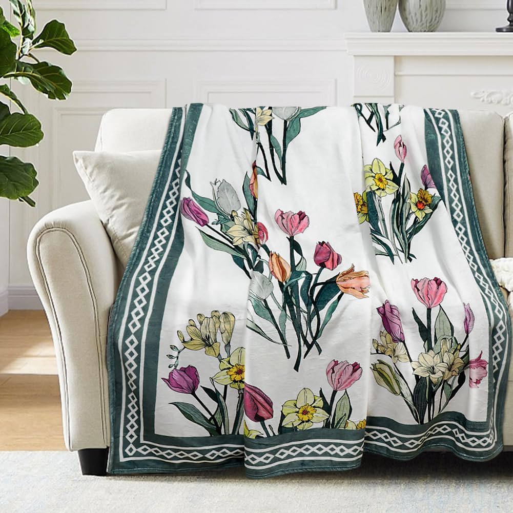 Colorful Wildflowers Throw Blanket Botanical Plant Bed Blanket Watercolor Floral Flower Blankets Soft Flannel Fleece Throw Blanket Boho Cozy Fluffy Plush Blankets 50" X 60"