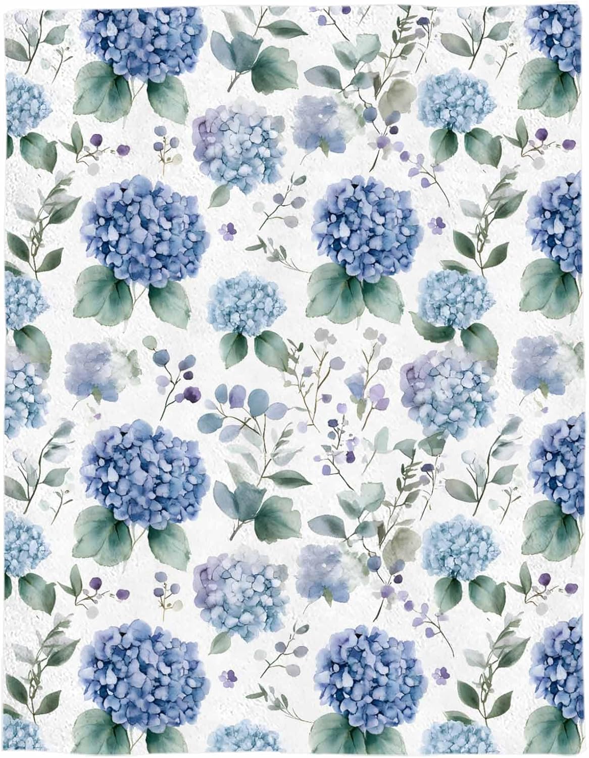 Fleece Throw Blanket, Hydrangea Blue Flowers Lightweight Warm Cozy Soft Flannel Blankets for Couch Bed Sofa Camping for All Seasons, Spring Floral Blossom Eucalyptus Leaves 40"x60"