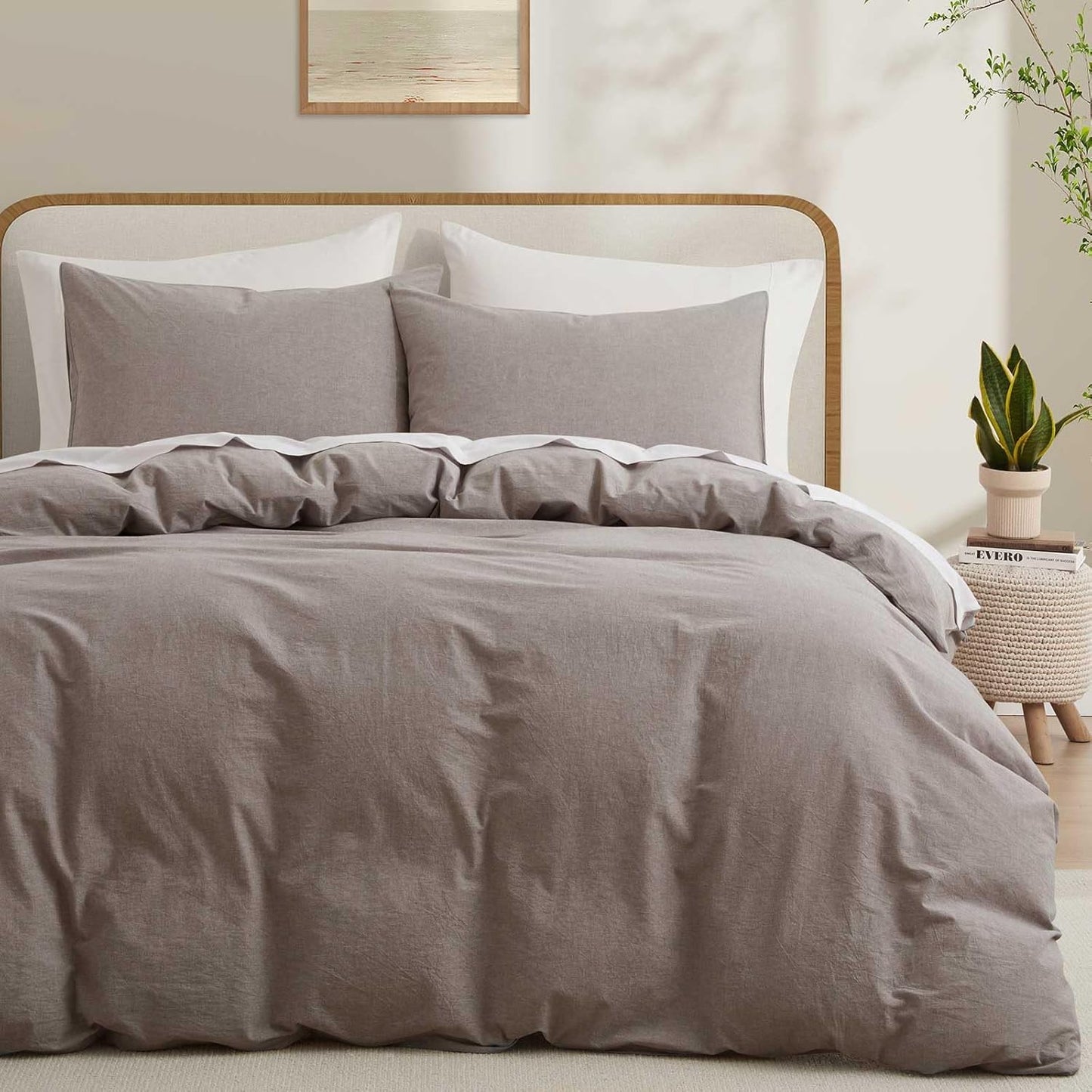 LOVQUE 100% Washed Cotton Duvet Cover Queen Size, White Linen Like Breathable Natural Bedding Set (No Comforter), 90x90 Inches