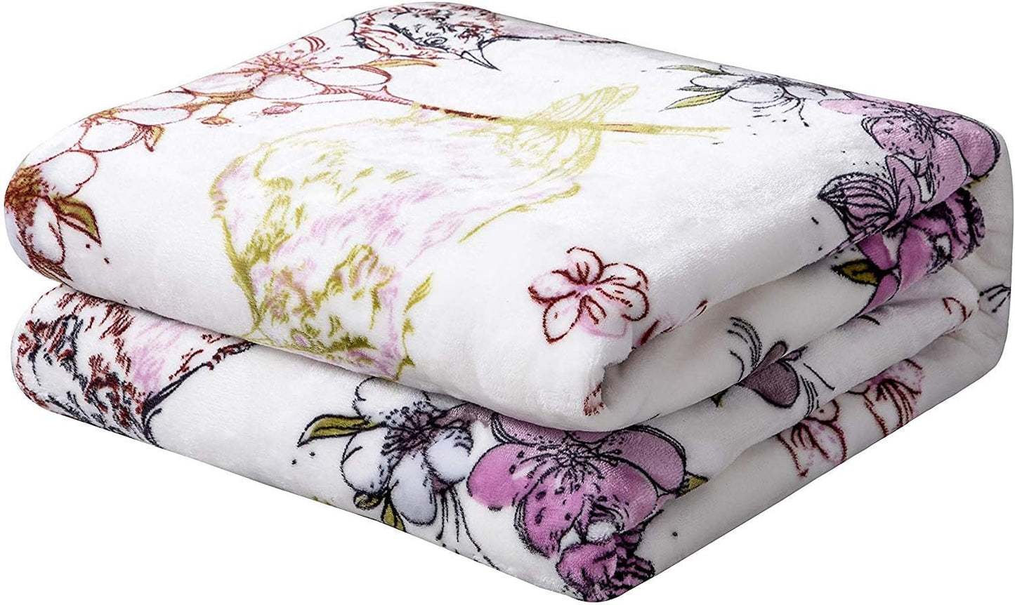 DaDa Bedding Purple Floral Faux Mink Fleece Throw Blanket – Ultra-Soft Plush Flannel Blossom Garden Birds Print, Orchid Lavender & Olive Green, Lightweight Warm Couch Sofa Bed 63"x 90"