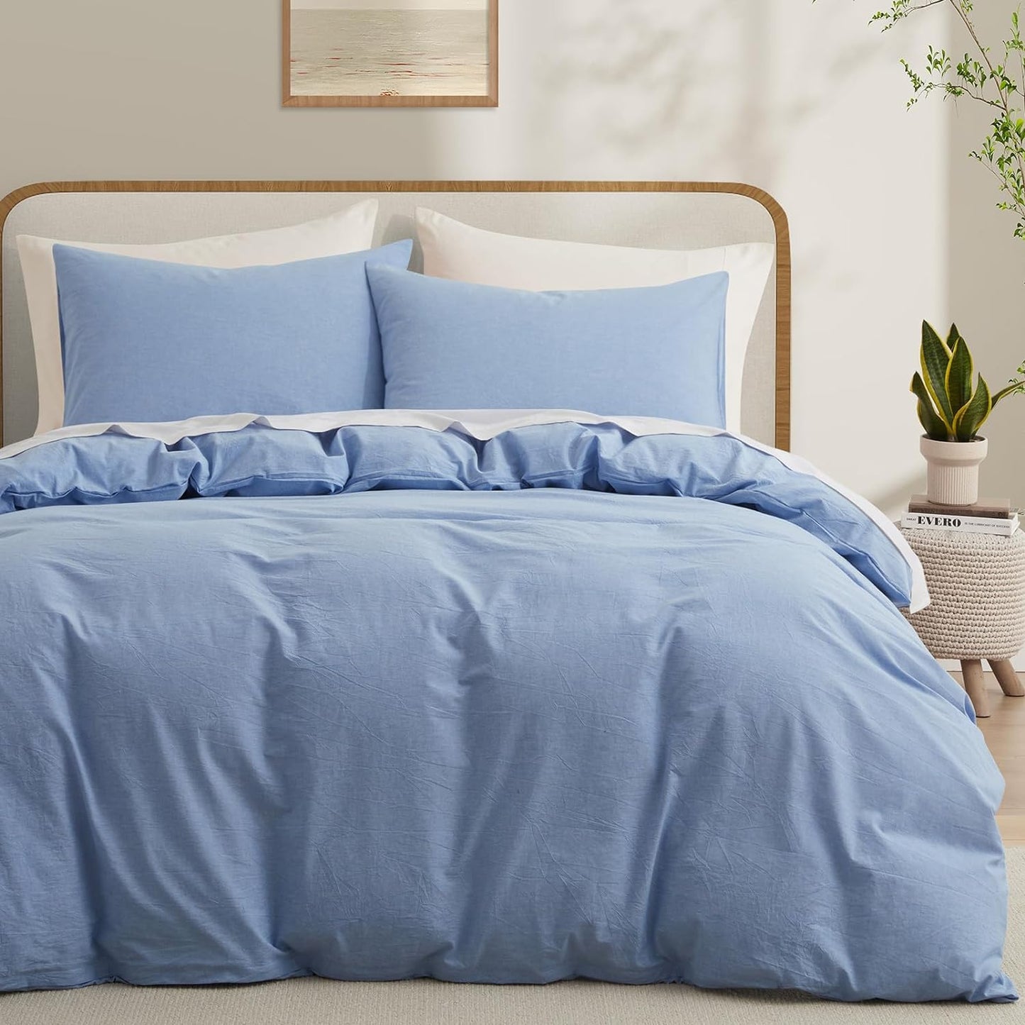LOVQUE 100% Washed Cotton Duvet Cover Queen Size, White Linen Like Breathable Natural Bedding Set (No Comforter), 90x90 Inches