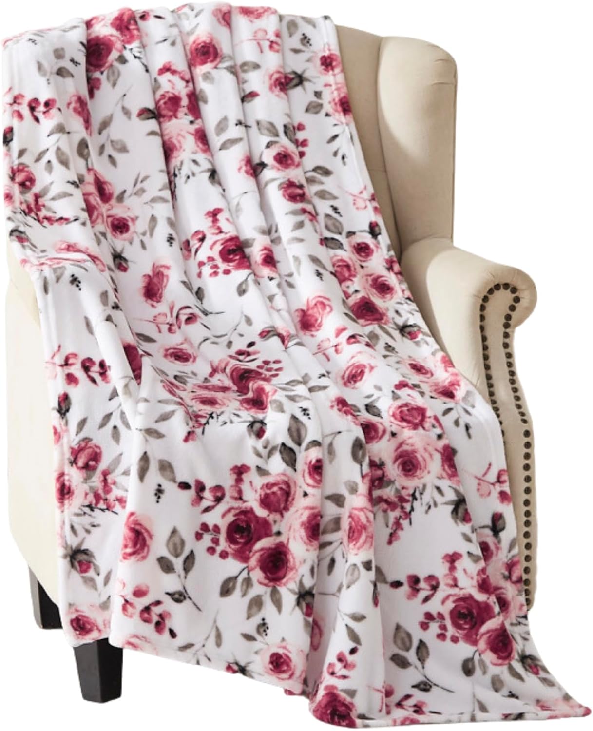 Decorative Floral Fleece Throw Blanket: Velvety Soft Plush Rose Flower Accent for Couch or Bed, Blush Pink Purple Navy Blue Grey on White, Oversized 50" x 70" Inches